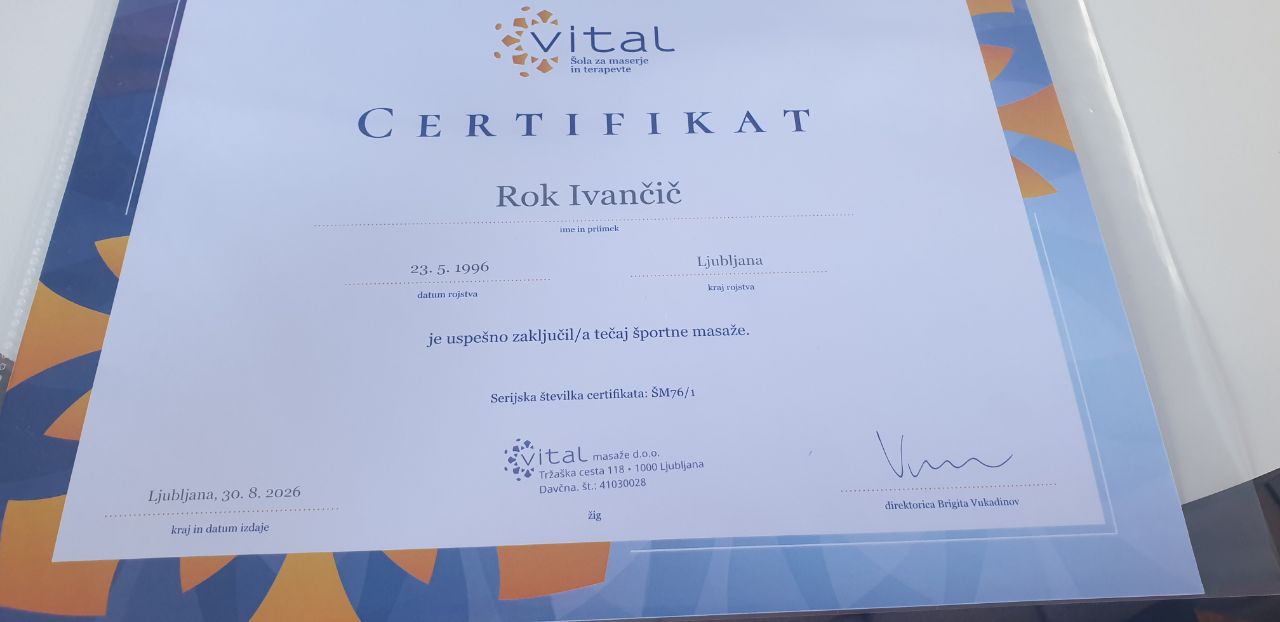 A photographed certificate for Rok Ivančič from Vital showing successful completion of a sports massage course.